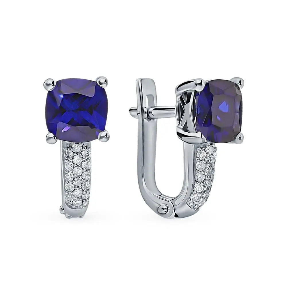 White Gold Latch back earrings with Cushion cut Sapphires and diamonds - cushionblue
