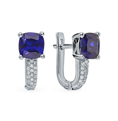 White Gold Latch back earrings with Cushion cut Sapphires and diamonds - cushionblue
