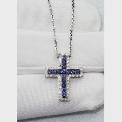 White Gold Sapphire & Diamond Cross Pendant Necklace