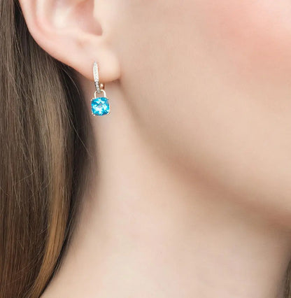 Rose Gold Latch back earrings with Cushion Blue Topaz and diamonds - cushionblue