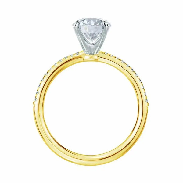 Cushion Cut Two-tone Yellow Gold Petite Pavé Shoulder Set Solitaire Ring - cushionblue