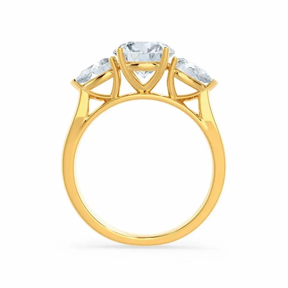Round & Pear Cut Diamond Yellow Gold Trilogy Ring - cushionblue