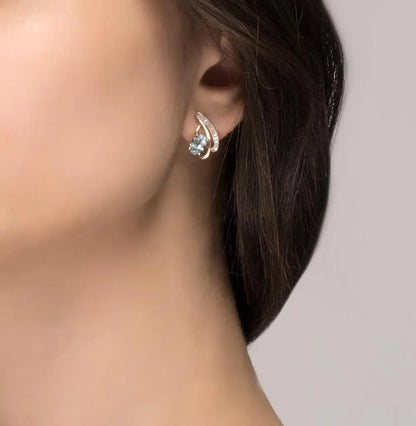 Rose Gold Latch back earrings with Oval cut Topaz and diamonds - cushionblue