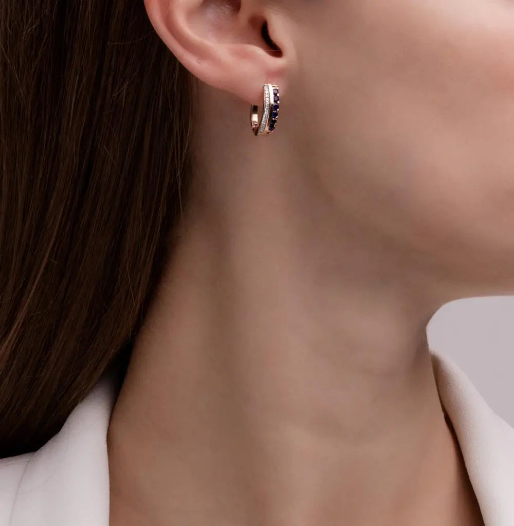 Rose Gold Latch back earrings with Synthetic Sapphires diamonds - cushionblue