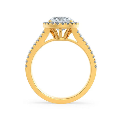 Round cut Natural Diamond Yellow Gold Split Shank Halo Ring - cushionblue