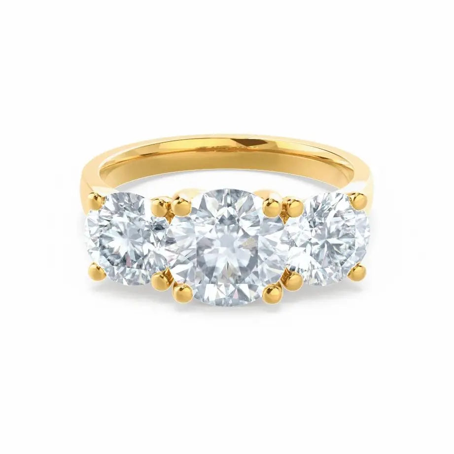 Round Brilliant Cut 3 Stone Set Yellow Gold Trilogy Ring - cushionblue