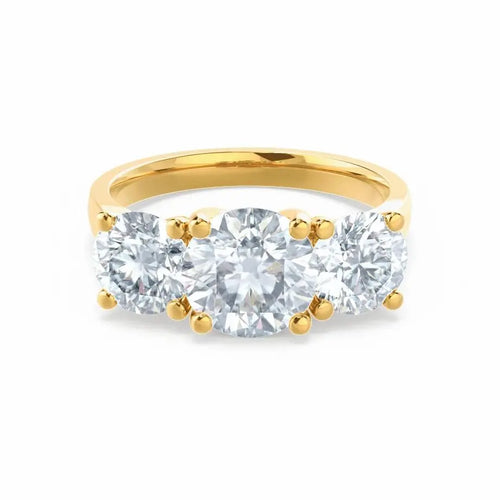Round Brilliant Cut 3 Stone Set Yellow Gold Trilogy Ring - cushionblue