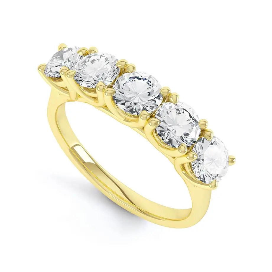 Round Brilliant Cut 5 Stone Set Yellow Gold Trilogy Ring - cushionblue