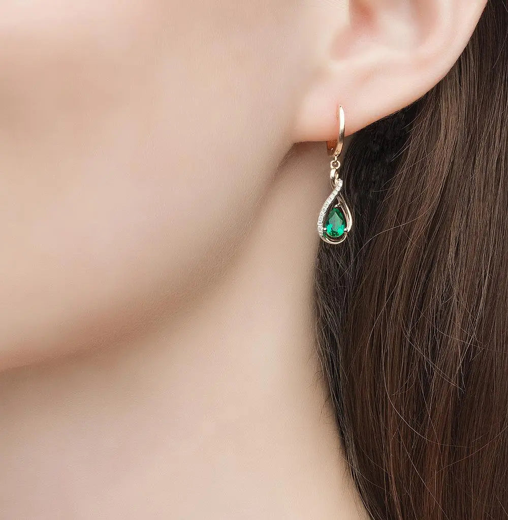 Rose Gold Latch back earrings with Hydrothermal emeralds and diamonds - cushionblue