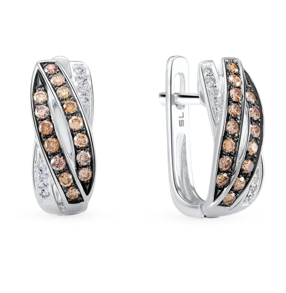 White Gold Latch back earrings with Natural brown diamonds - cushionblue