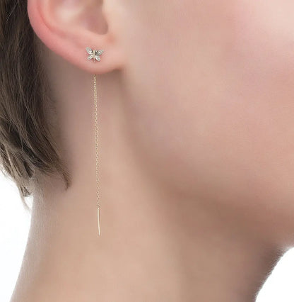 Yellow Gold Butterfly string earrings with diamonds - cushionblue