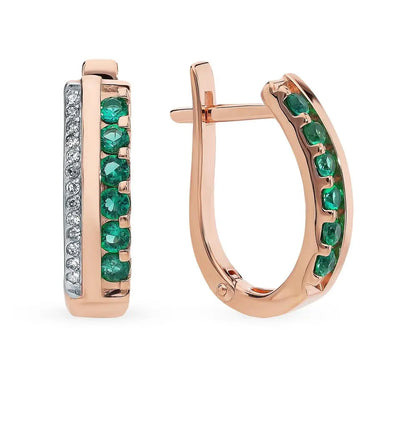 Rose Gold Latch back earrings with Hydrothermal emeralds and diamonds - cushionblue