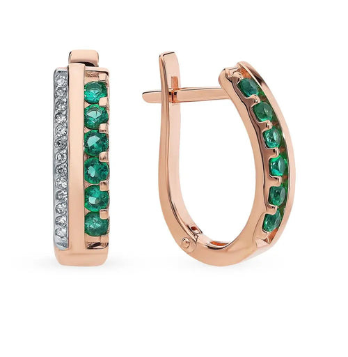 Rose Gold Latch back earrings with Hydrothermal emeralds and diamonds - cushionblue