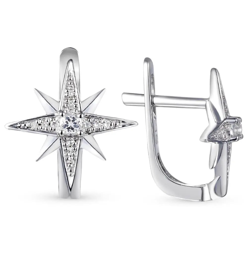 White Gold Latch back Star shape earrings with Colorless Topaz diamonds - cushionblue