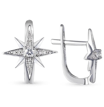 White Gold Latch back Star shape earrings with Colorless Topaz diamonds - cushionblue