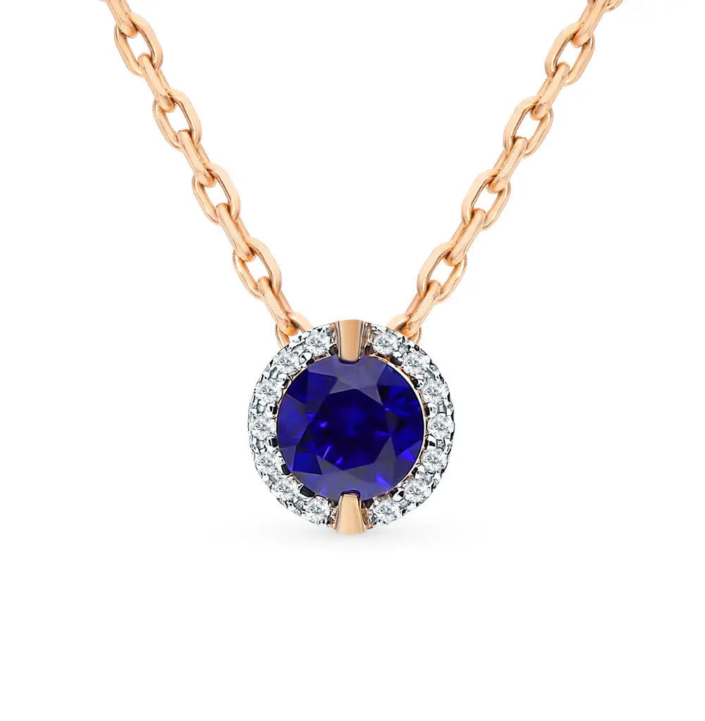 Rose Gold Round pendant necklace with sapphires and diamonds - cushionblue