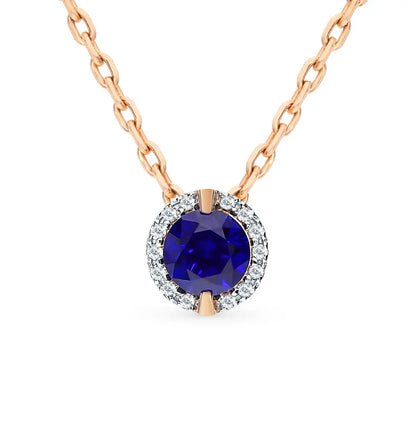 Rose Gold Round pendant necklace with sapphires and diamonds - cushionblue