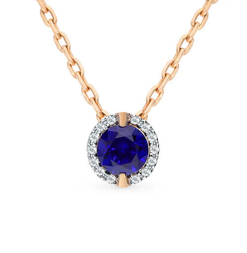 Rose Gold Round pendant necklace with sapphires and diamonds - cushionblue