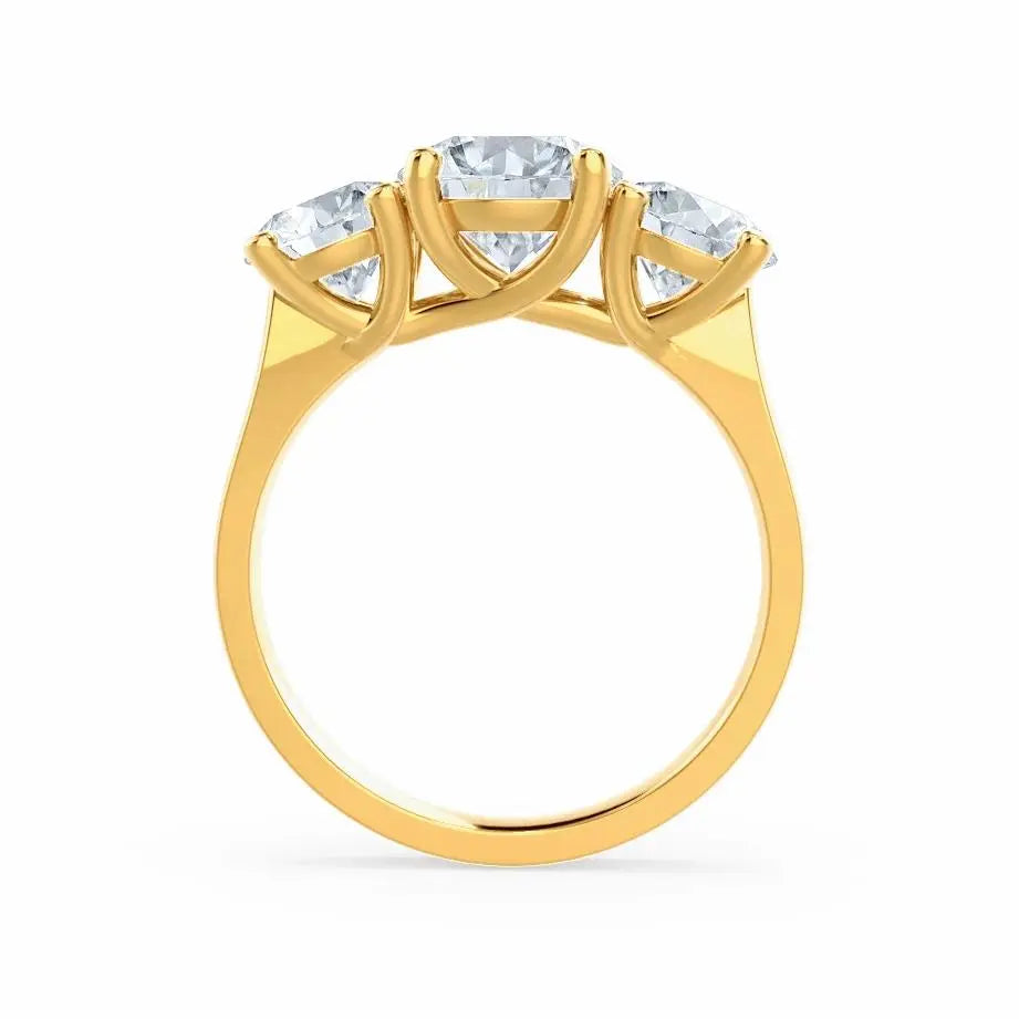 Round Brilliant Cut 3 Stone Set Yellow Gold Trilogy Ring - cushionblue