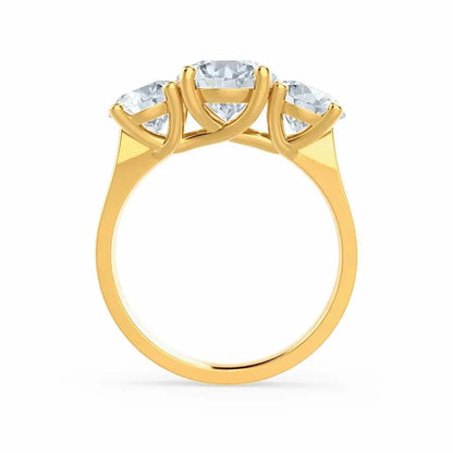 Round Brilliant Cut 3 Stone Set Yellow Gold Trilogy Ring - cushionblue
