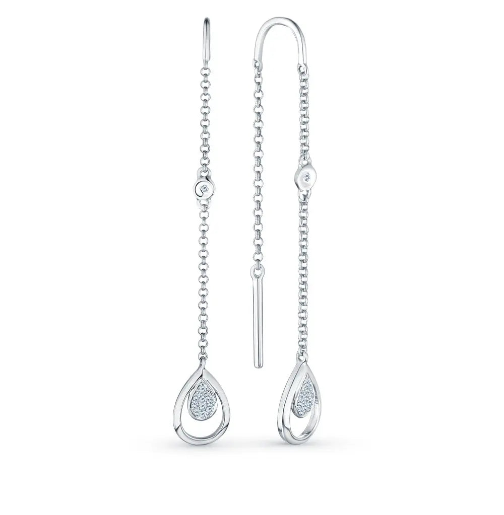 White Gold Simple string earrings with diamonds(0.04ct) Cushionblue
