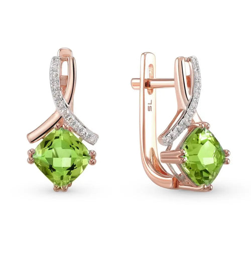 Rose Gold Latch back earrings with Cushion cut Sultanites and diamonds - cushionblue