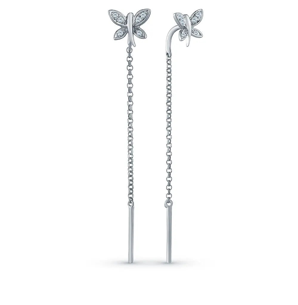 White Gold Butterfly string earrings with diamonds - cushionblue