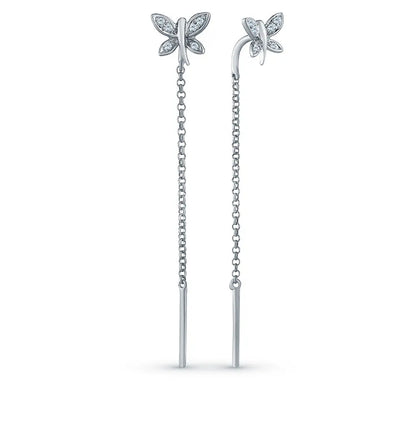 White Gold Butterfly string earrings with diamonds - cushionblue