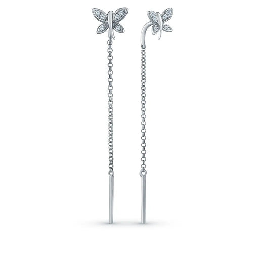 White Gold Butterfly string earrings with diamonds - cushionblue