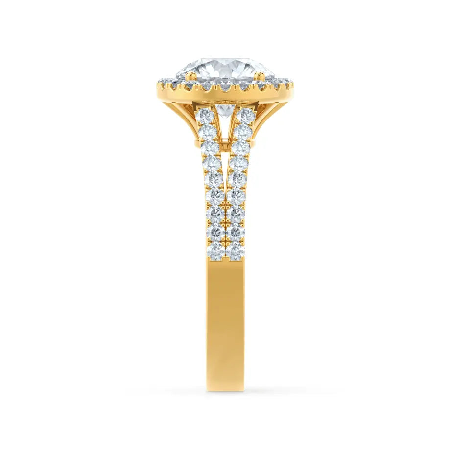 Round cut Natural Diamond Yellow Gold Split Shank Halo Ring - cushionblue
