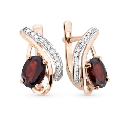 Rose Gold Latch back earrings with Oval cut Garnet and diamonds - cushionblue