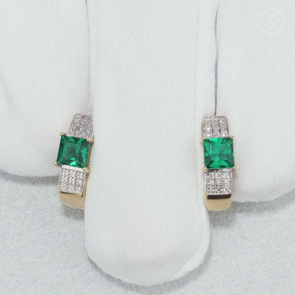 Yellow Gold Latch back earrings with Green emeralds and diamonds