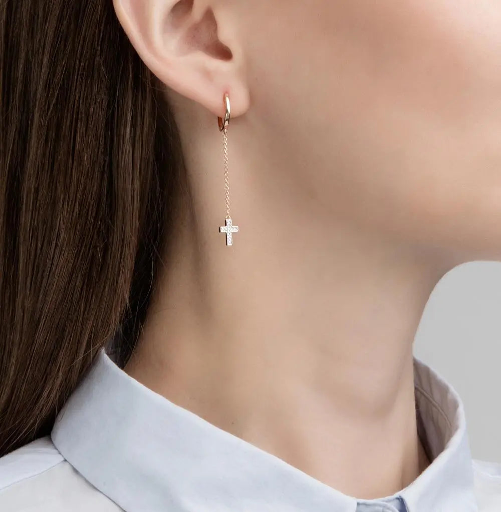 Rose Gold Latch back Cross earrings with diamonds(0.05 ct) - cushionblue