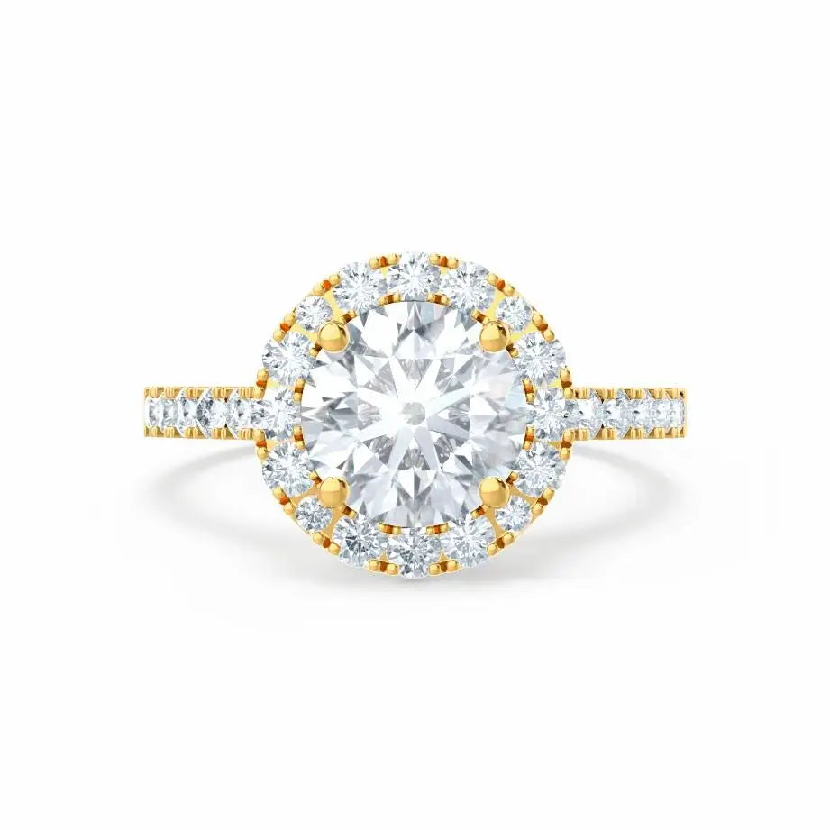 Round cut Natural Diamond Yellow Gold Halo Ring - cushionblue