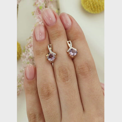Rose Gold Latch back earrings with Cushion cut Amethyst diamonds