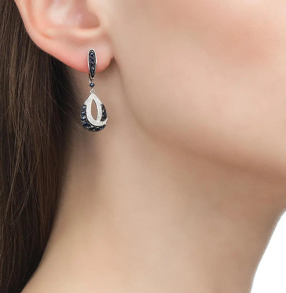 White Gold Latch back earrings with Blue Sapphires and diamonds - cushionblue