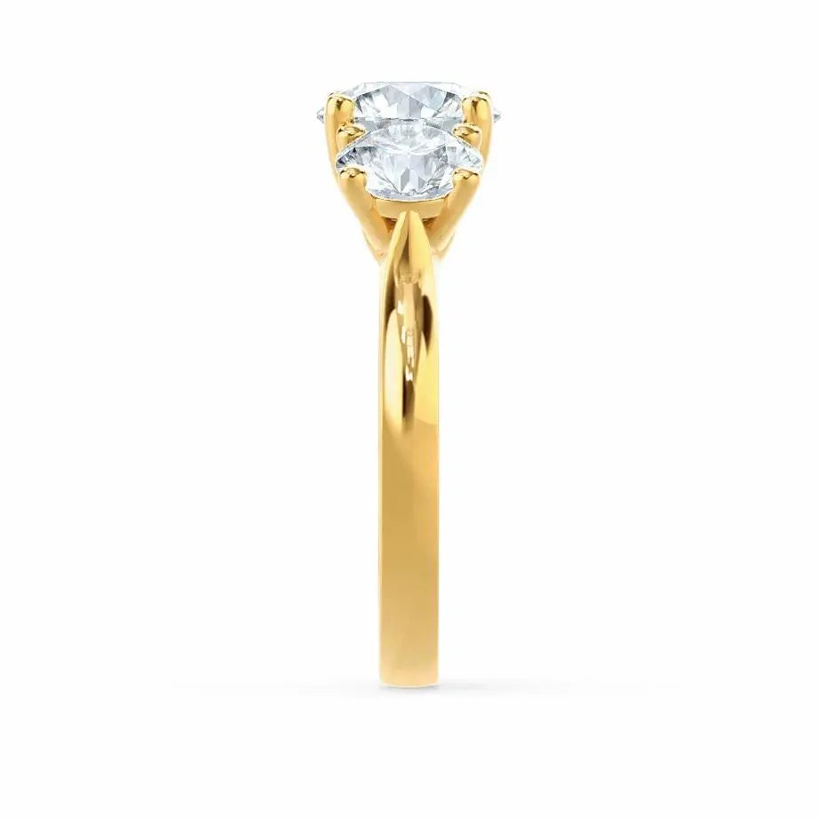 Round Brilliant Cut 3 Stone Set Yellow Gold Trilogy Ring - cushionblue