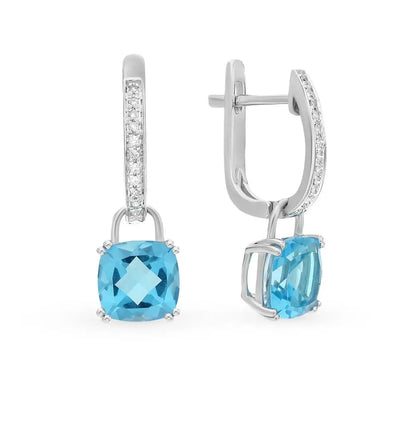 White Gold Latch back earrings with Cushion Blue Topaz and diamonds - cushionblue