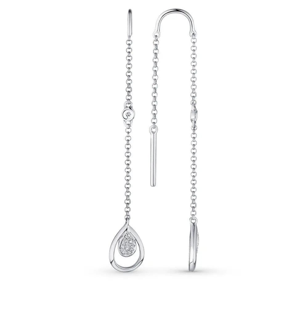 White Gold Simple string earrings with diamonds(0.04ct) Cushionblue