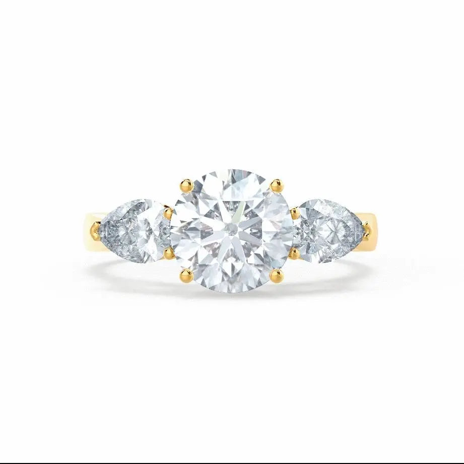 Round & Pear Cut Diamond Yellow Gold Trilogy Ring - cushionblue