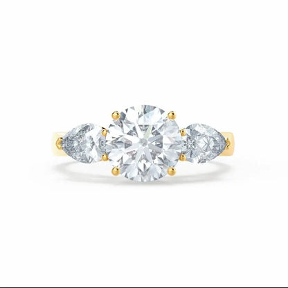 Round & Pear Cut Diamond Yellow Gold Trilogy Ring - cushionblue