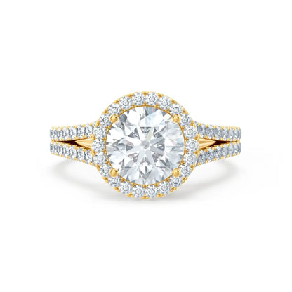 Round cut Natural Diamond Yellow Gold Split Shank Halo Ring - cushionblue