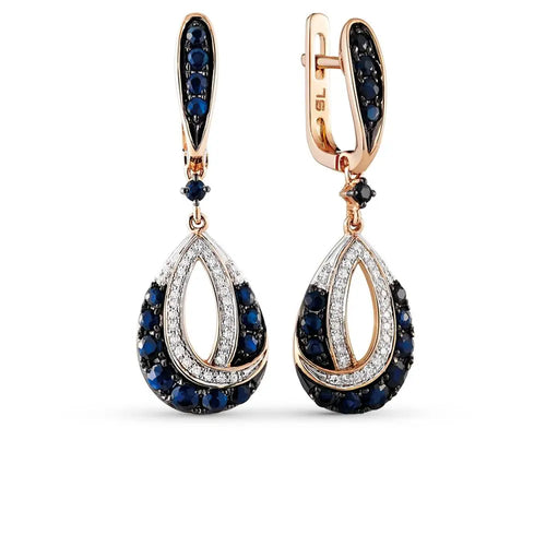 Rose Gold Latch back earrings with Blue Sapphires and diamonds - cushionblue