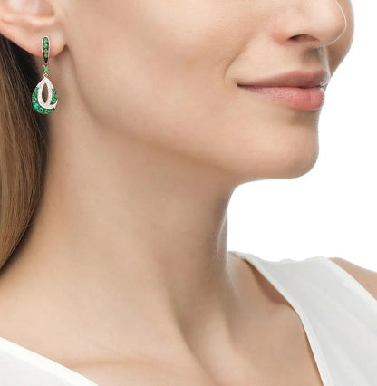 Rose Gold Latch back earrings with Green Emeralds and diamonds - cushionblue