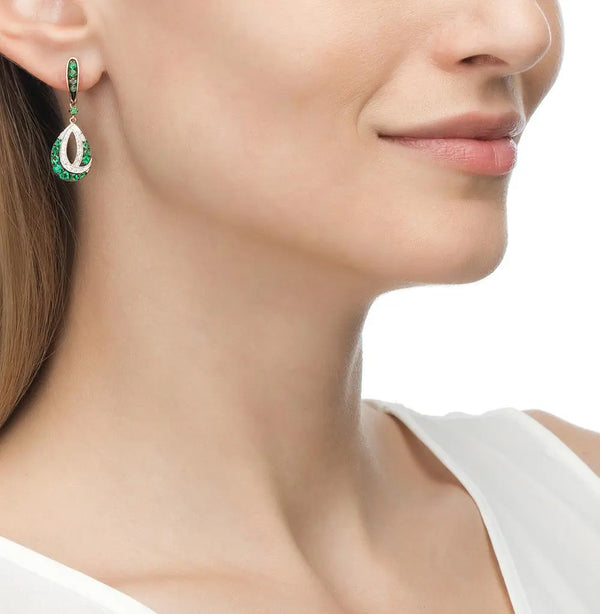 Rose Gold Latch back earrings with Green Emeralds and diamonds - cushionblue