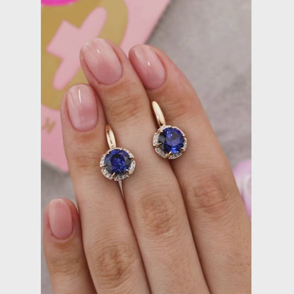 Rose Gold Latch back earrings with Round cut Sapphire and diamonds