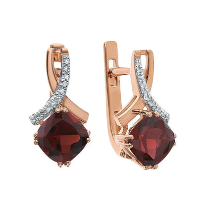 Rose Gold Latch back earrings with Cushion cut Garnet and diamonds - cushionblue
