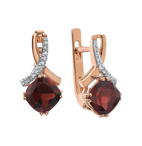 Rose Gold Latch back earrings with Cushion cut Garnet and diamonds - cushionblue
