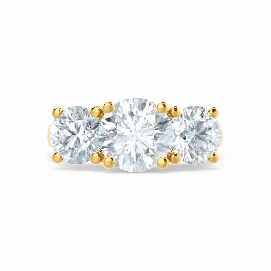 Round Brilliant Cut 3 Stone Set Yellow Gold Trilogy Ring - cushionblue