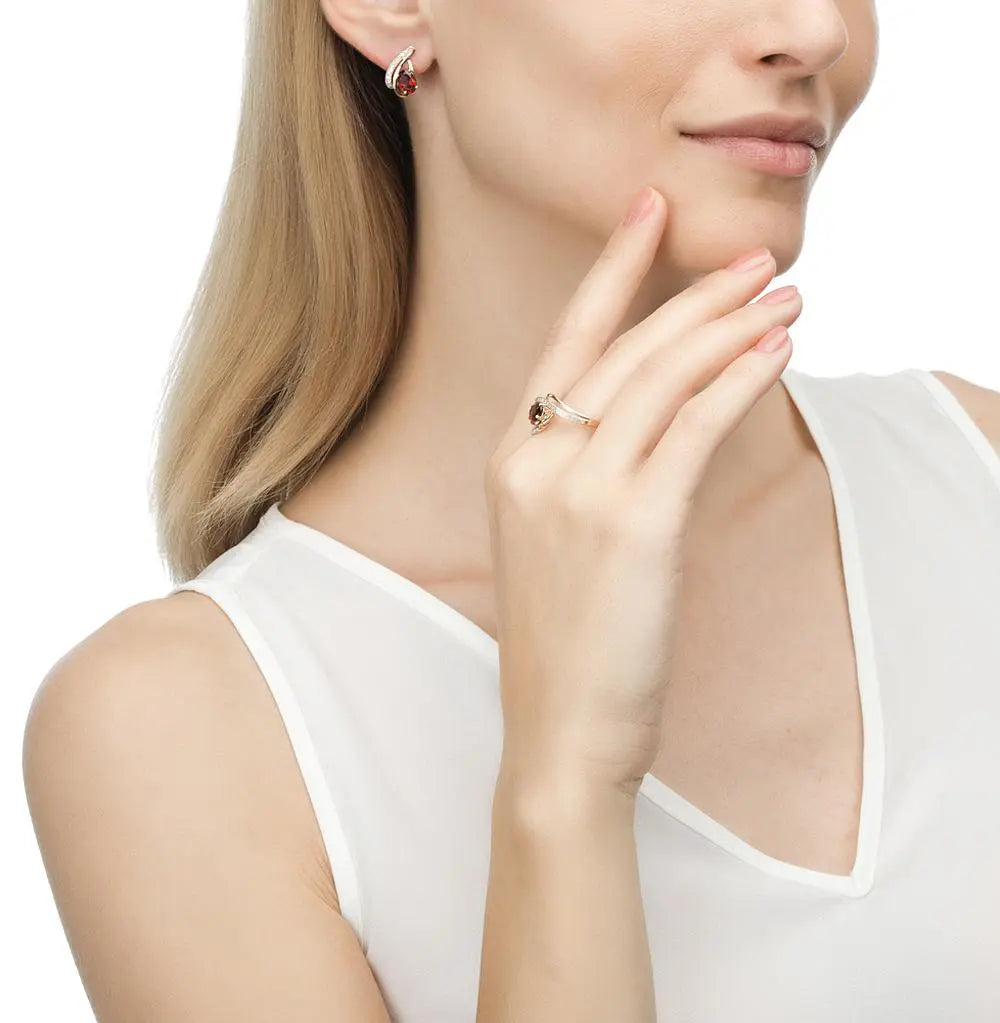 Rose Gold Latch back earrings with Oval cut Garnet and diamonds - cushionblue